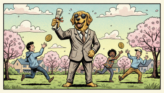 A dog flaunts NFTs while Bitcoin flies through a comic-style Bethesda park.