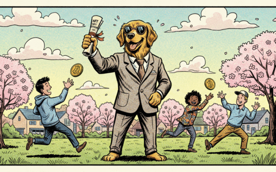 A dog flaunts NFTs while Bitcoin flies through a comic-style Bethesda park.