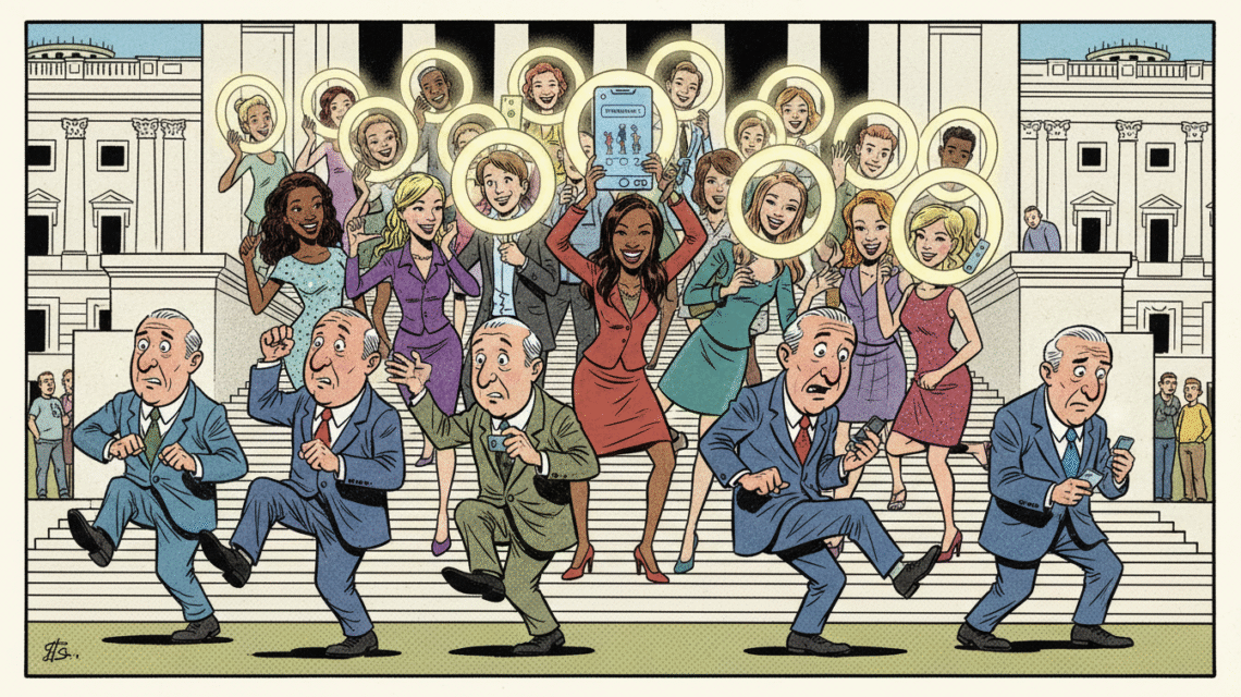 Senators and TikTok stars clash in a comic-style Capitol Hill showdown.