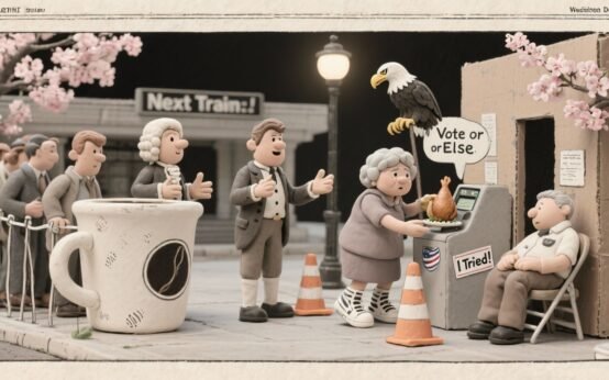 Black-and-white comic-style illustration of a chaotic Election Day scene in Washington D.C., featuring voters, poll workers, and absurd civic confusion.