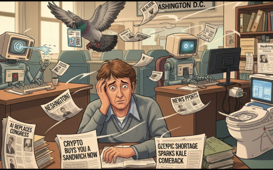Comic-style newsroom in Washington D.C. with AI, crypto, Ozempic, and TikTok chaos