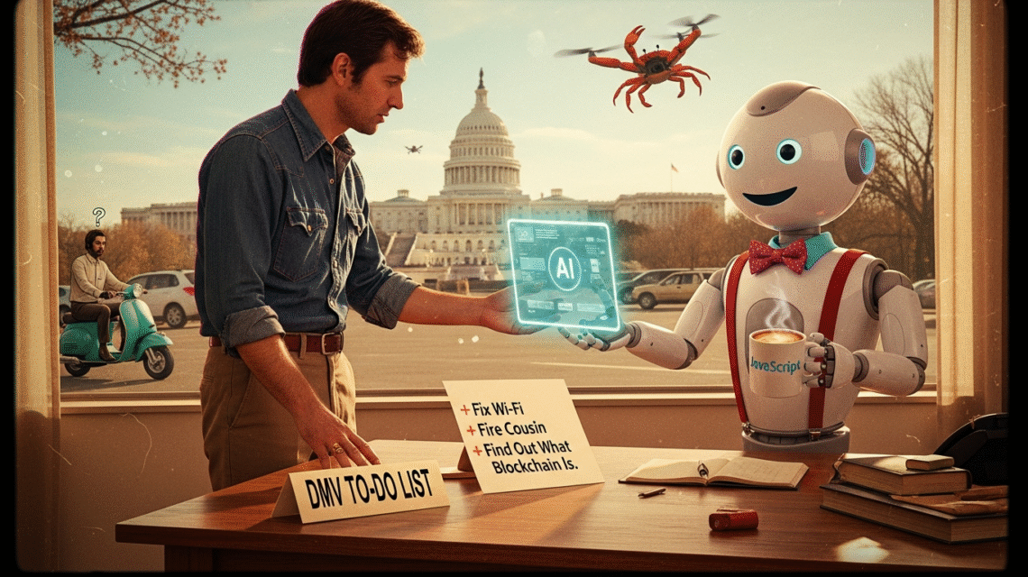 Funny comic illustration of a small business owner in Washington D.C. receiving an AI tablet from a robot assistant amid DMV chaos.