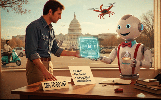 Funny comic illustration of a small business owner in Washington D.C. receiving an AI tablet from a robot assistant amid DMV chaos.