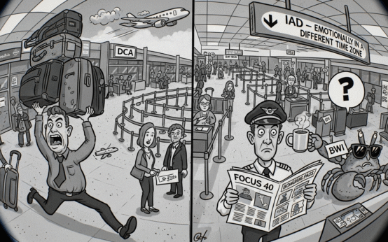Cartoon-style airport terminal with exaggerated travelers representing DCA, IAD, and BWI.