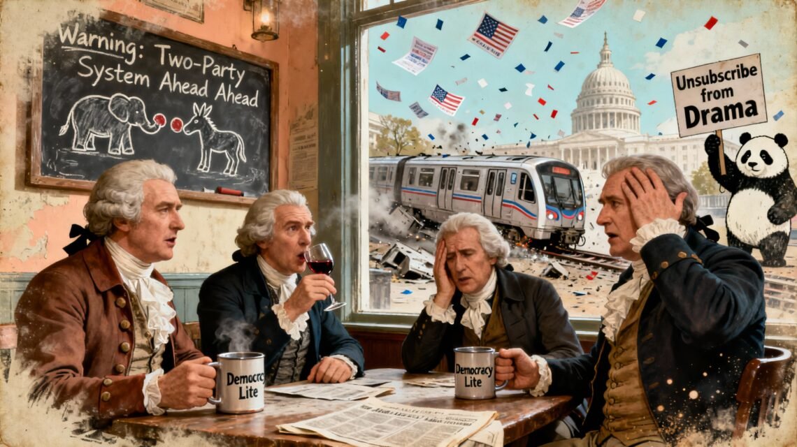 Sketch of George Washington, John Adams, Thomas Jefferson, and Alexander Hamilton reacting to modern political chaos in Washington D.C.