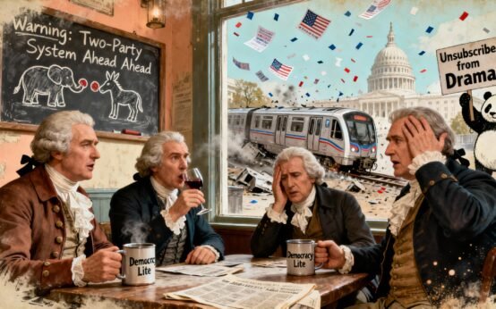 Sketch of George Washington, John Adams, Thomas Jefferson, and Alexander Hamilton reacting to modern political chaos in Washington D.C.
