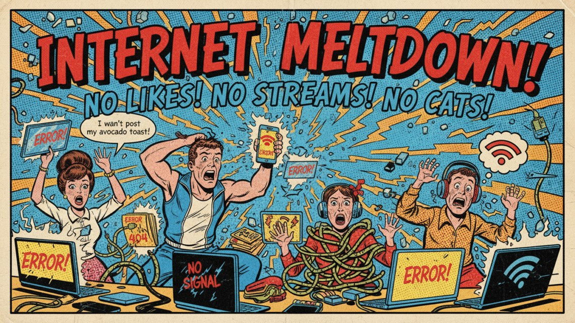Vintage comic-style cover showing chaotic internet outage scene with panicking characters and bold retro text saying Internet Meltdown.