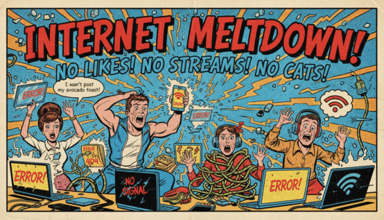 Vintage comic-style cover showing chaotic internet outage scene with panicking characters and bold retro text saying Internet Meltdown.