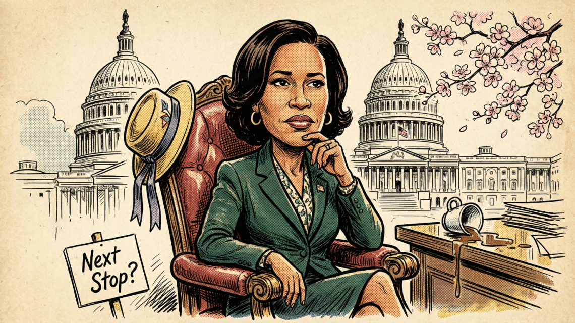 Black-and-white vintage comic illustration of Mayor Muriel Bowser seated in front of Washington D.C. landmarks with humorous details.