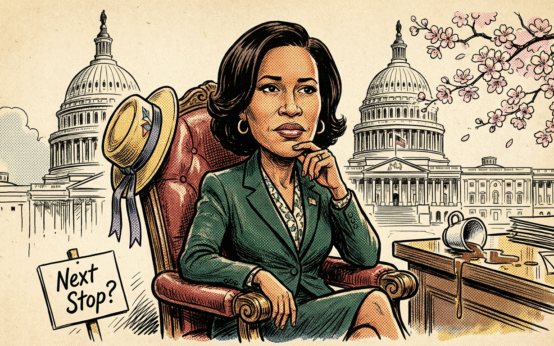 Black-and-white vintage comic illustration of Mayor Muriel Bowser seated in front of Washington D.C. landmarks with humorous details.