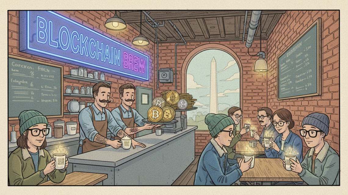 Baristas and tech bros mix lattes with blockchain in a comic-style café.