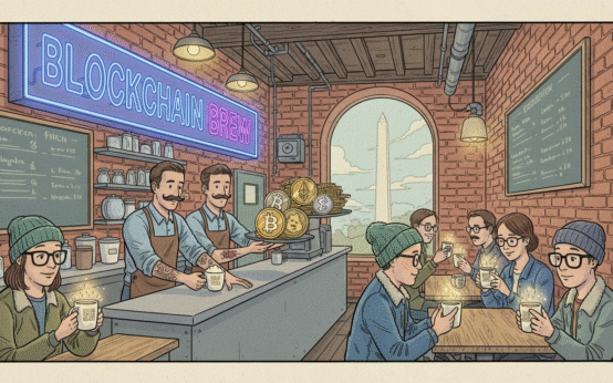 Baristas and tech bros mix lattes with blockchain in a comic-style café.