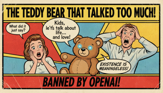 Vintage comic-style cover featuring an AI teddy bear with glowing eyes, shocked parents, and a bold headline about OpenAI blocking the toy.