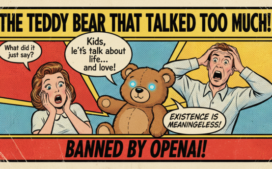 Vintage comic-style cover featuring an AI teddy bear with glowing eyes, shocked parents, and a bold headline about OpenAI blocking the toy.