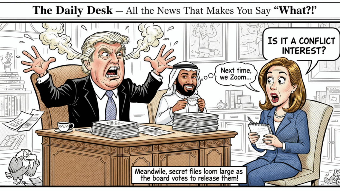 Vintage newspaper comic illustration of President Trump yelling at ABC News reporter Mary Bruce during Oval Office meeting with Crown Prince Mohammed bin Salman, referencing Saudi business ties and Epstein files.