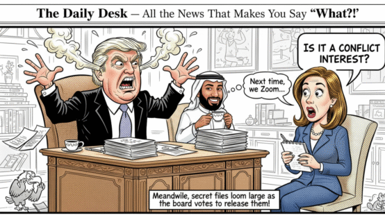 Vintage newspaper comic illustration of President Trump yelling at ABC News reporter Mary Bruce during Oval Office meeting with Crown Prince Mohammed bin Salman, referencing Saudi business ties and Epstein files.