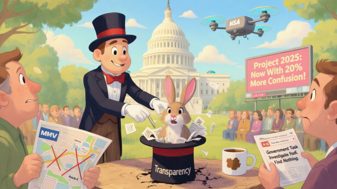 Cartoon of the U.S. Capitol as a magician pulling a fake rabbit labeled “Transparency” from a hat, surrounded by skeptical DMV locals and surveillance drones.