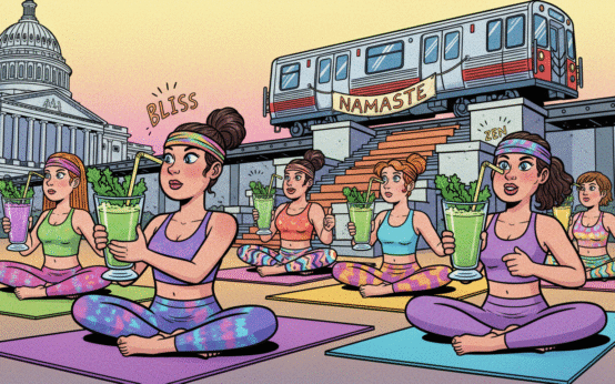 Yoga and kale collide with D.C. politics in a comic-style wellness scene.