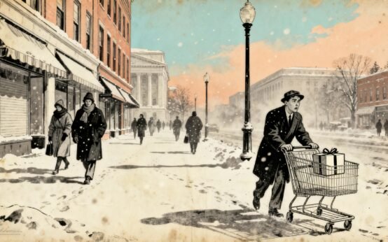 Black and white comic illustration of shoppers in Washington D.C. during a slow winter shopping season