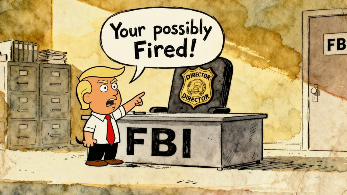 Old newspaper comic-style illustration of Trump caricature in FBI office pointing at a chair labeled Director, with FBI badge on desk.