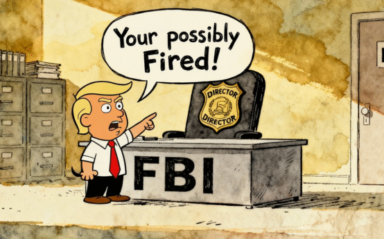 Old newspaper comic-style illustration of Trump caricature in FBI office pointing at a chair labeled Director, with FBI badge on desk.