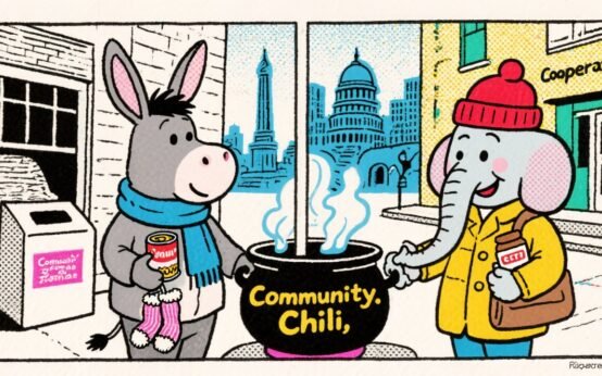 Cartoon donkey and elephant donate food and clothing in Montgomery County Ohio bipartisan drive.