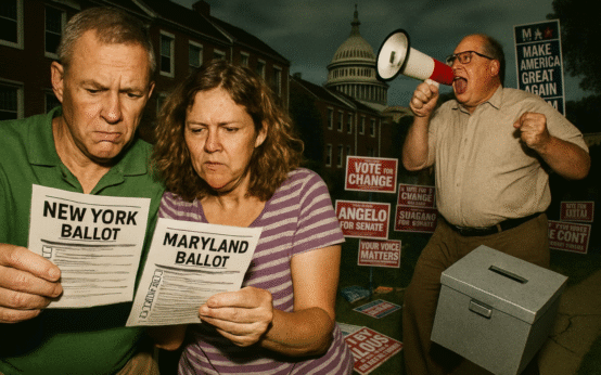 Comic-style illustration of confused DMV voters surrounded by campaign signs, ballot boxes, and political chaos.