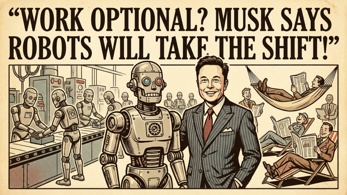 Vintage newspaper comic illustration of Elon Musk predicting work will become optional with robots in the background.