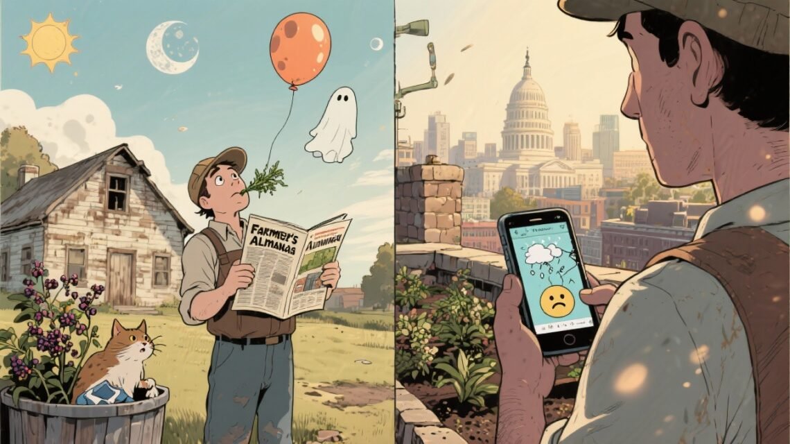 Vintage comic-style illustration of a farmer and a city gardener reacting to the end of the Farmers’ Almanac.