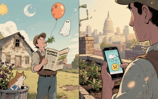 Vintage comic-style illustration of a farmer and a city gardener reacting to the end of the Farmers’ Almanac.