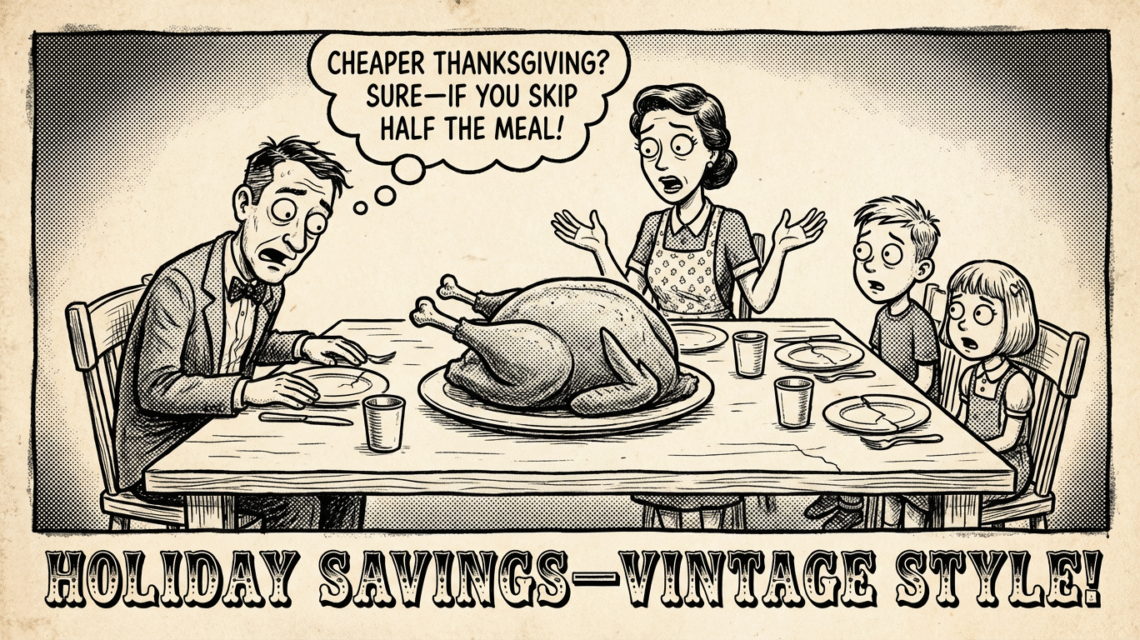 Vintage newspaper comic illustration of a Thanksgiving table with a large turkey and empty plates, highlighting Trump’s claim that Thanksgiving dinner is cheaper in 2025.
