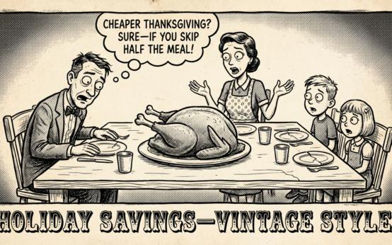 Vintage newspaper comic illustration of a Thanksgiving table with a large turkey and empty plates, highlighting Trump’s claim that Thanksgiving dinner is cheaper in 2025.