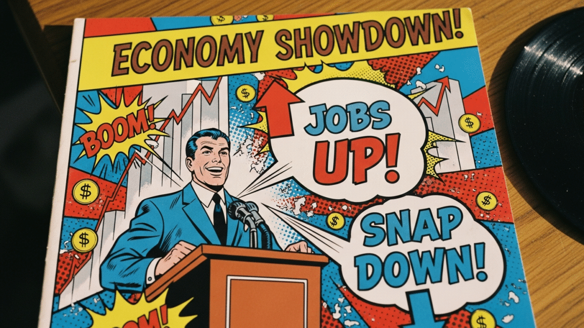 Vintage comic-style cover showing Donald Trump at podium with speech bubbles ‘Jobs UP!’ and ‘SNAP DOWN!’ and colorful charts in background.