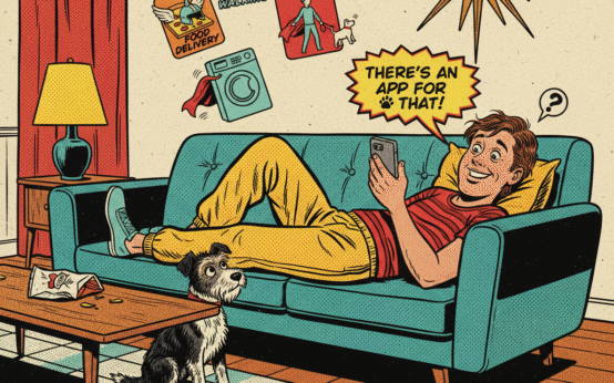 Vintage comic-style illustration of a lazy person on a couch surrounded by app icons for delivery, laundry, and dog walking.