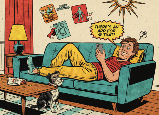 Vintage comic-style illustration of a lazy person on a couch surrounded by app icons for delivery, laundry, and dog walking.