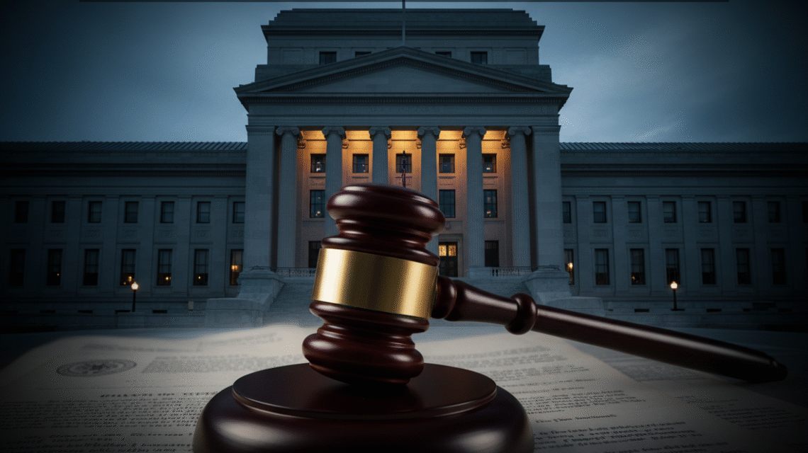 Justice Department building with legal documents overlay representing Comey case indictment error