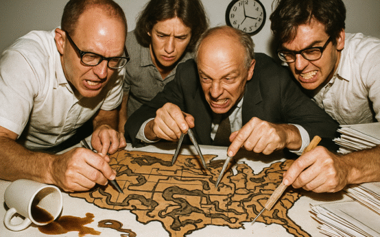 Old newspaper comic-style illustration of Indiana lawmakers drawing chaotic voting maps during redistricting.