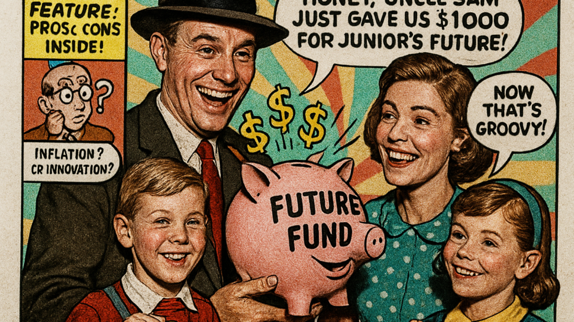 1960s comic-style family celebrating Trump Accounts savings program in the US