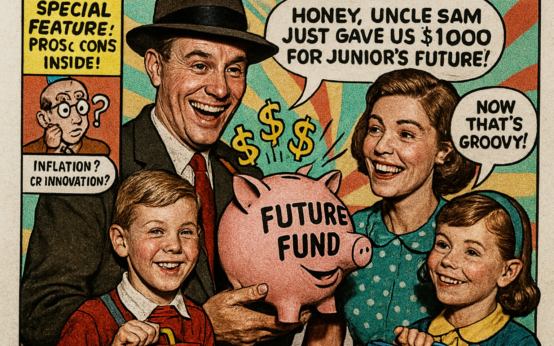 1960s comic-style family celebrating Trump Accounts savings program in the US