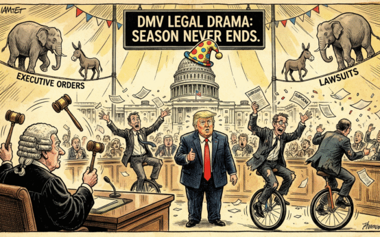 Old newspaper comic-style cover showing Washington D.C. courtroom as a circus with judges juggling gavels and lawyers on unicycles.