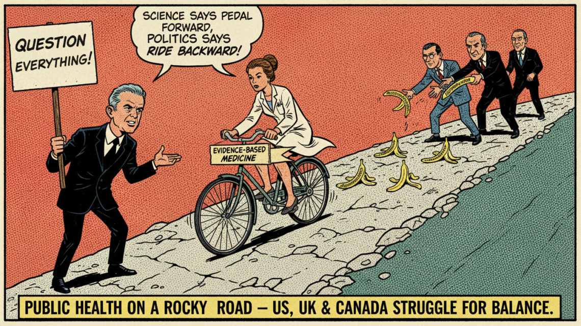 960s comic-style illustration of RFK Jr. and politicians creating obstacles for doctors cycling uphill toward vaccine safety in US, UK, and Canada.
