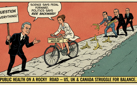 960s comic-style illustration of RFK Jr. and politicians creating obstacles for doctors cycling uphill toward vaccine safety in US, UK, and Canada.